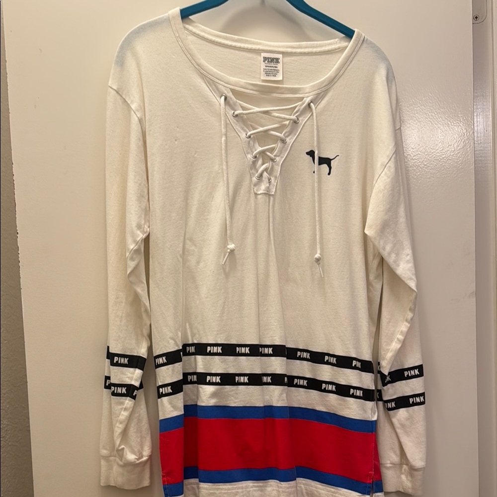 PINK Victoria's Secret White Lace-Up Top with Red and Blue Stripes